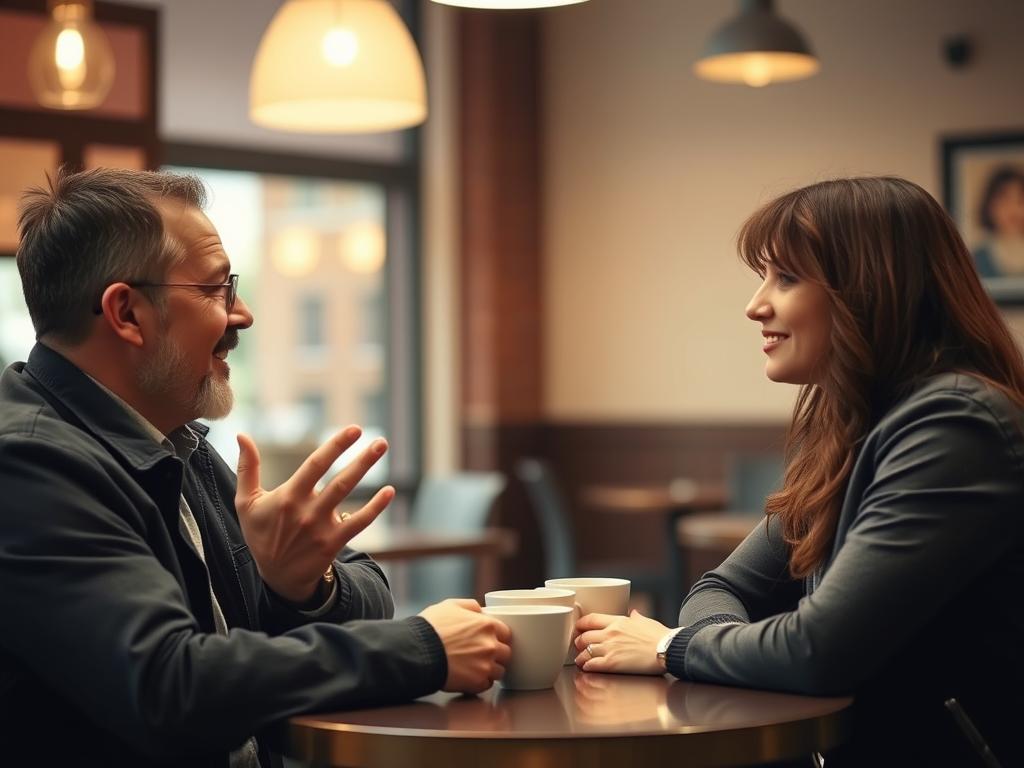 Two people on a date at a quiet cafe, showing comfortable dating environment for individuals with autism